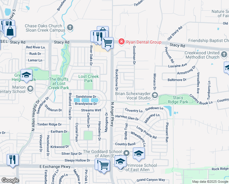 map of restaurants, bars, coffee shops, grocery stores, and more near 1567 Buckthorne Drive in Allen