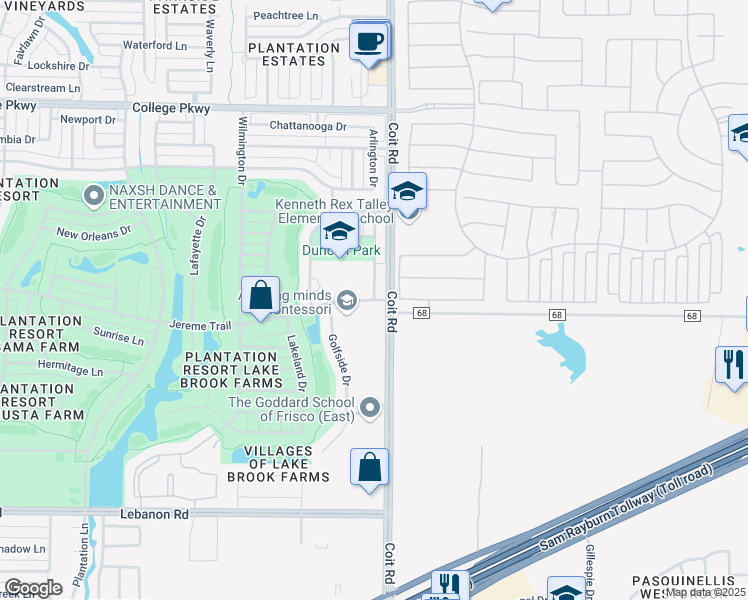 map of restaurants, bars, coffee shops, grocery stores, and more near 12450 Jereme Trail in Frisco