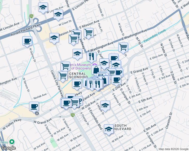 map of restaurants, bars, coffee shops, grocery stores, and more near N Broadway & E Pennsylvania Ave in Escondido