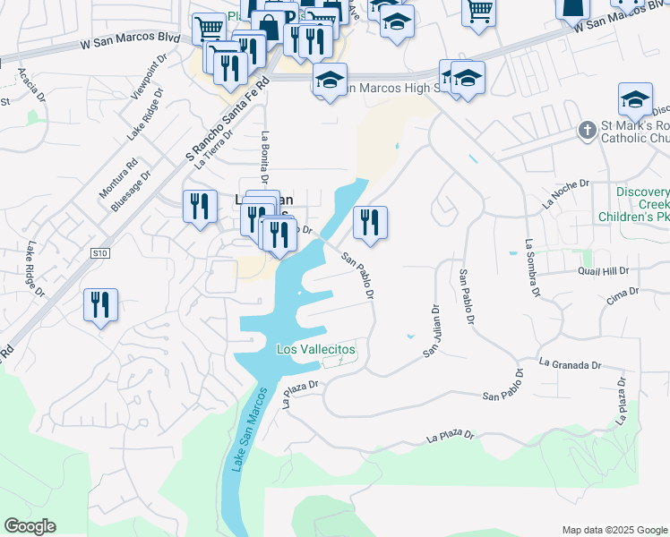 map of restaurants, bars, coffee shops, grocery stores, and more near 1434 La Habra Drive in San Marcos