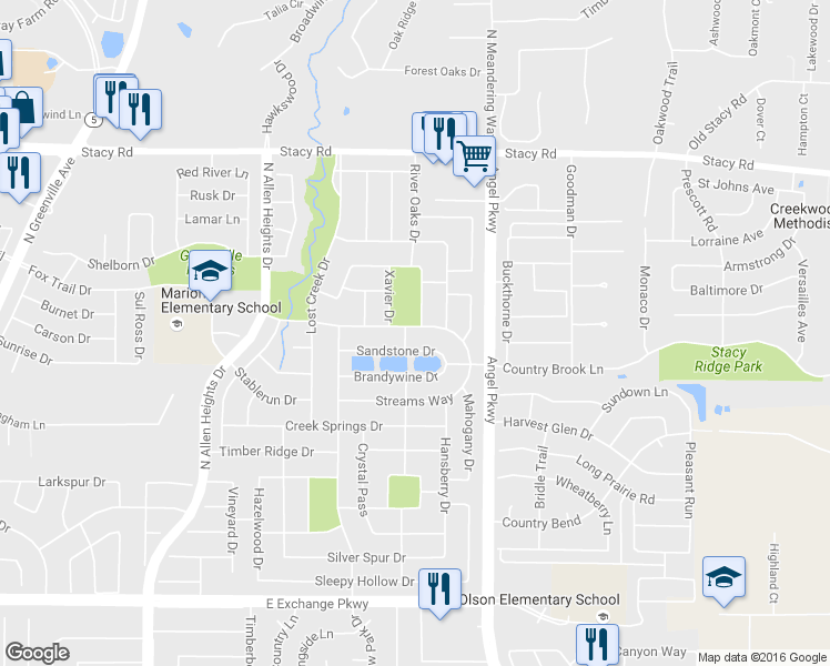 map of restaurants, bars, coffee shops, grocery stores, and more near 1537 Sandstone Drive in Allen