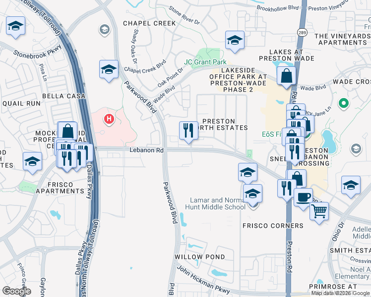 map of restaurants, bars, coffee shops, grocery stores, and more near 6720 Lebanon Road in Frisco