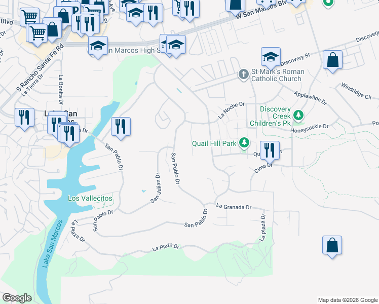 map of restaurants, bars, coffee shops, grocery stores, and more near 1067 San Pablo Drive in San Marcos