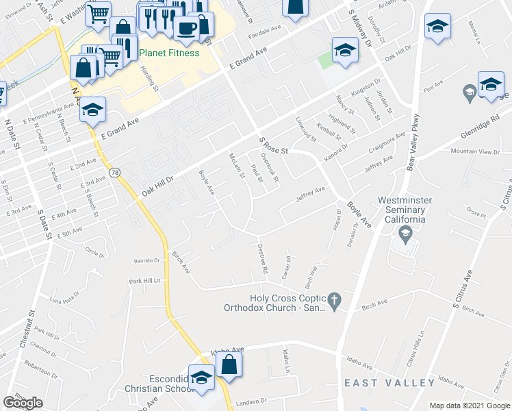 map of restaurants, bars, coffee shops, grocery stores, and more near 1410 Jeffrey Place in Escondido