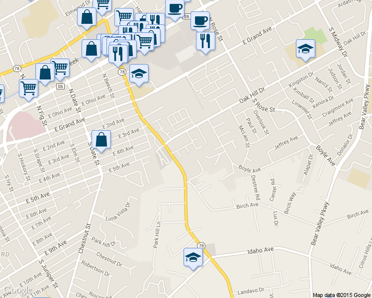 map of restaurants, bars, coffee shops, grocery stores, and more near 641 Mustang Glen in Escondido