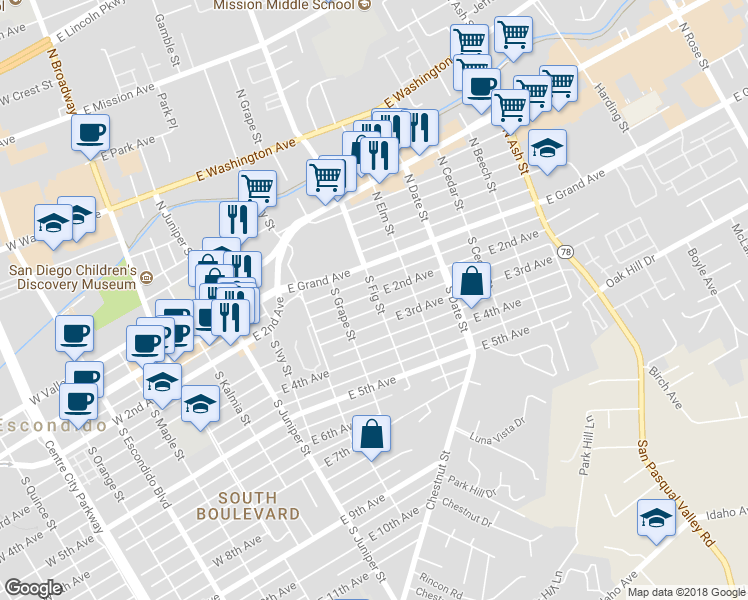 map of restaurants, bars, coffee shops, grocery stores, and more near 303 South Fig Street in Escondido