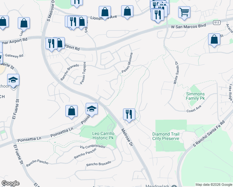 map of restaurants, bars, coffee shops, grocery stores, and more near 6178 Paseo Palero in Carlsbad