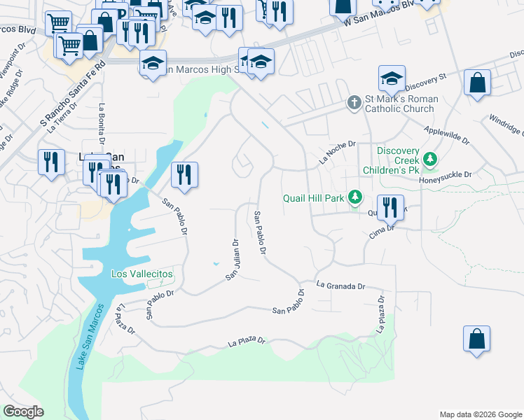 map of restaurants, bars, coffee shops, grocery stores, and more near 1039 San Pablo Drive in San Marcos