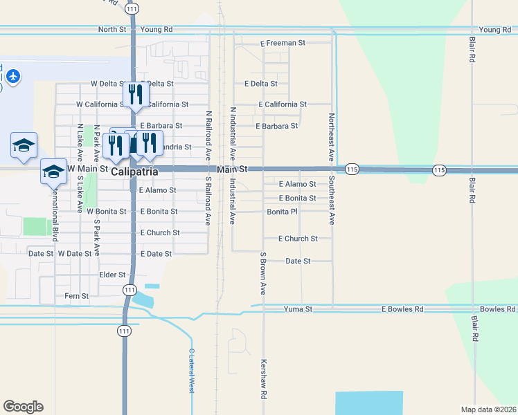 map of restaurants, bars, coffee shops, grocery stores, and more near 242-244 South Brown Avenue in Calipatria