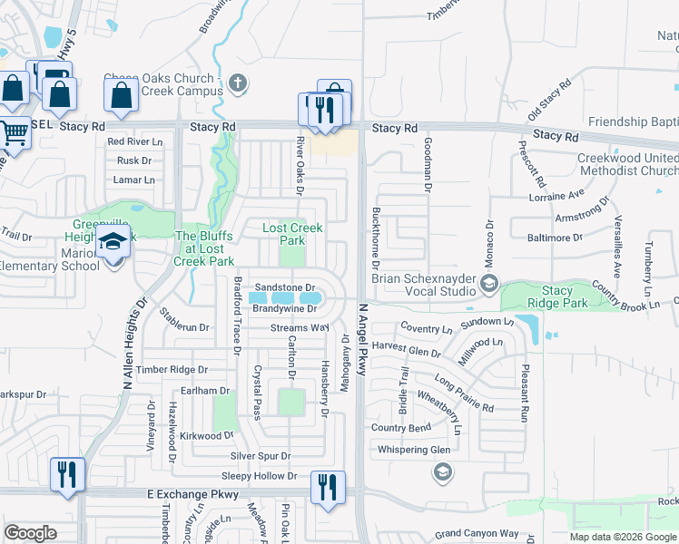 map of restaurants, bars, coffee shops, grocery stores, and more near 1553 Sandstone Drive in Allen