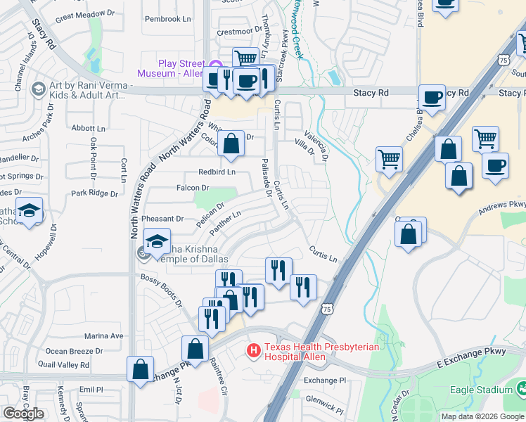 map of restaurants, bars, coffee shops, grocery stores, and more near 815 Cougar Drive in Allen