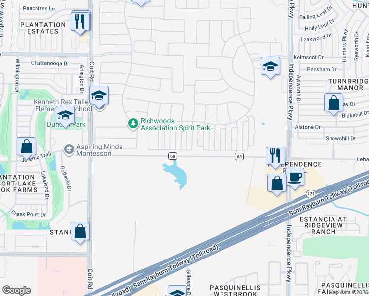 map of restaurants, bars, coffee shops, grocery stores, and more near 13545 Marmolada Drive in Frisco