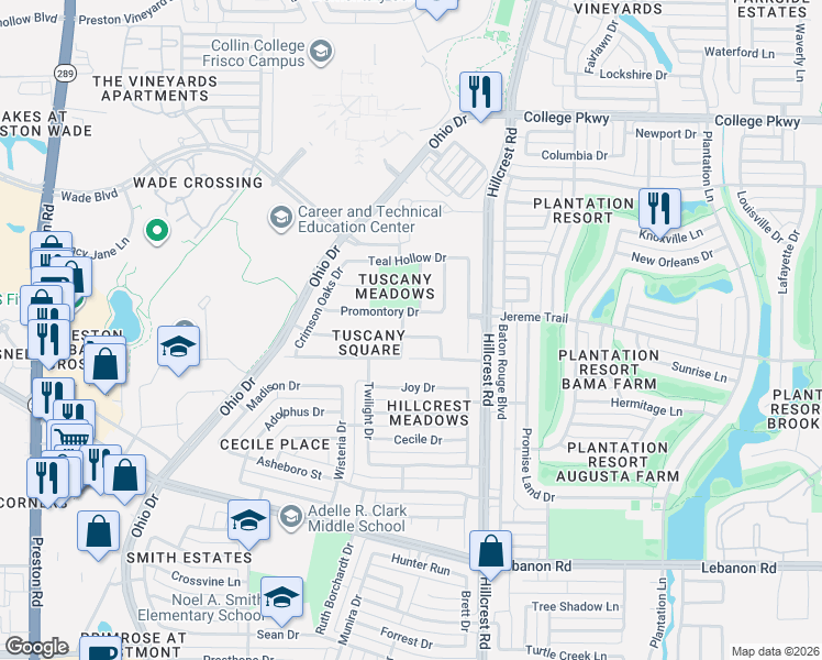 map of restaurants, bars, coffee shops, grocery stores, and more near 10288 Darkwood Drive in Frisco
