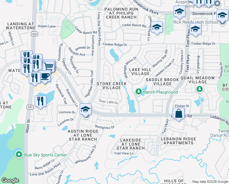 map of restaurants, bars, coffee shops, grocery stores, and more near 5357 Beacon Hill Drive in Frisco