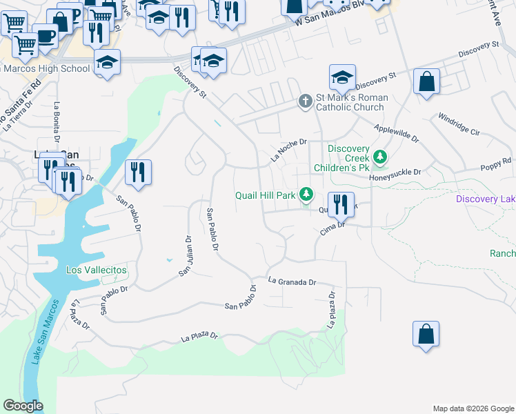 map of restaurants, bars, coffee shops, grocery stores, and more near 1054 La Sombra Drive in San Marcos
