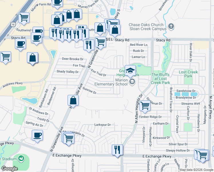 map of restaurants, bars, coffee shops, grocery stores, and more near 1115 Sunrise Drive in Allen