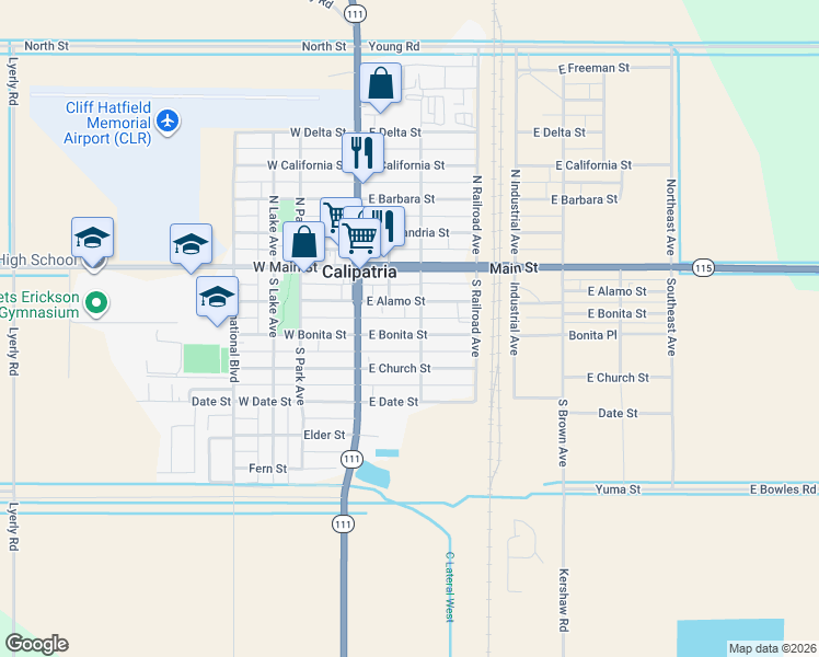 map of restaurants, bars, coffee shops, grocery stores, and more near 186 East Bonita Street in Calipatria