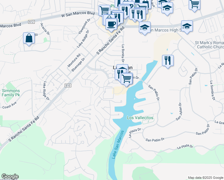 map of restaurants, bars, coffee shops, grocery stores, and more near 1560 Circa Del Lago in San Marcos