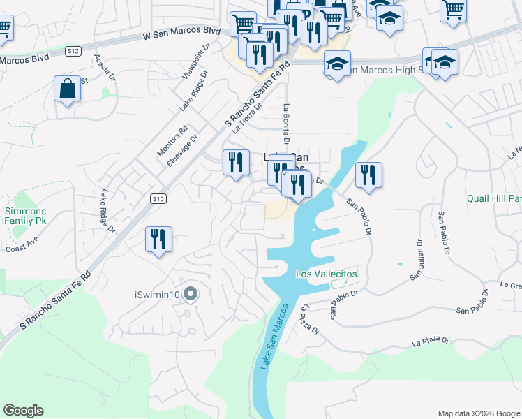 map of restaurants, bars, coffee shops, grocery stores, and more near 1616 Circa Del Lago in San Marcos