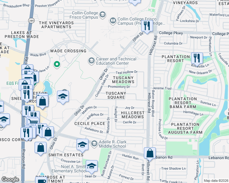 map of restaurants, bars, coffee shops, grocery stores, and more near 9998 Wakebridge Drive in Frisco