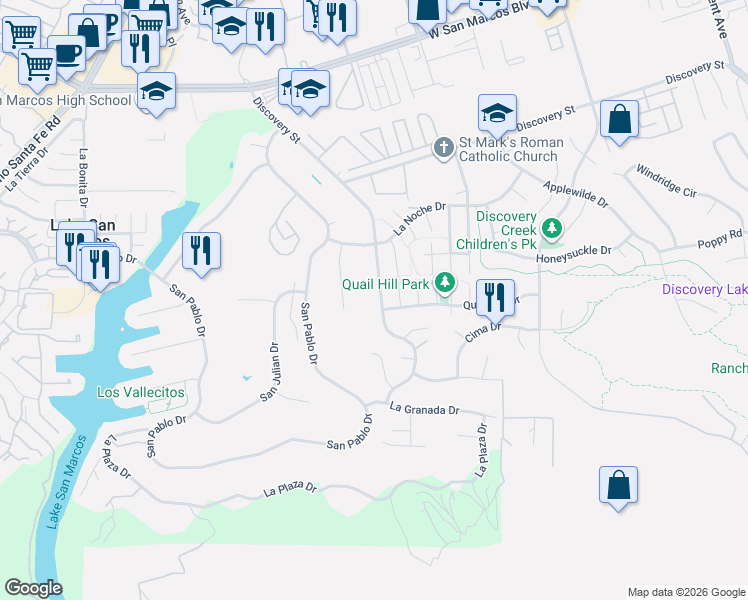 map of restaurants, bars, coffee shops, grocery stores, and more near 1054 La Sombra Drive in San Marcos