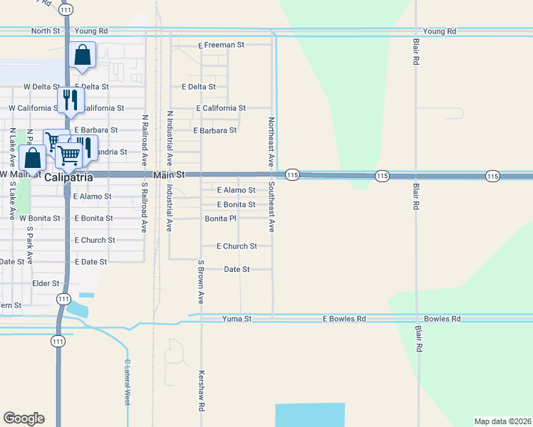 map of restaurants, bars, coffee shops, grocery stores, and more near Southeast Avenue in Calipatria