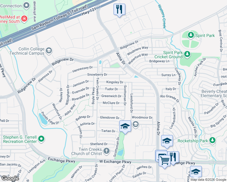 map of restaurants, bars, coffee shops, grocery stores, and more near 1421 Greenwich Drive in Allen