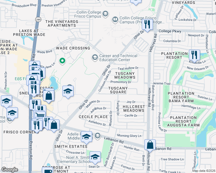 map of restaurants, bars, coffee shops, grocery stores, and more near 9998 Wakebridge Drive in Frisco