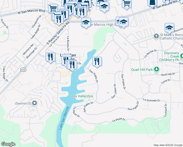 map of restaurants, bars, coffee shops, grocery stores, and more near 1412 La Habra Drive in San Marcos