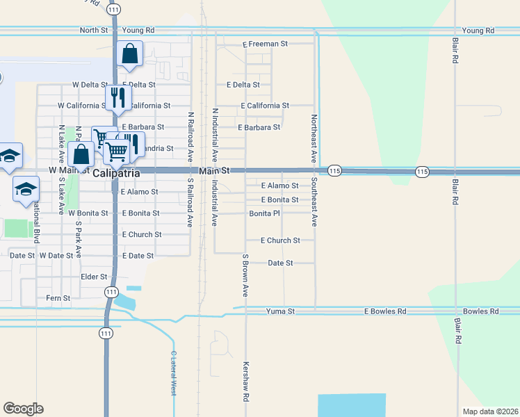 map of restaurants, bars, coffee shops, grocery stores, and more near South Brown Avenue in Calipatria