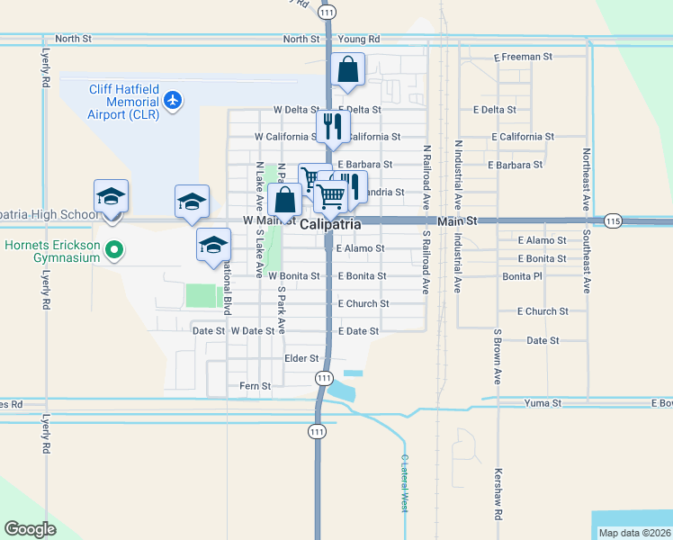 map of restaurants, bars, coffee shops, grocery stores, and more near 147 East Alamo Street in Calipatria