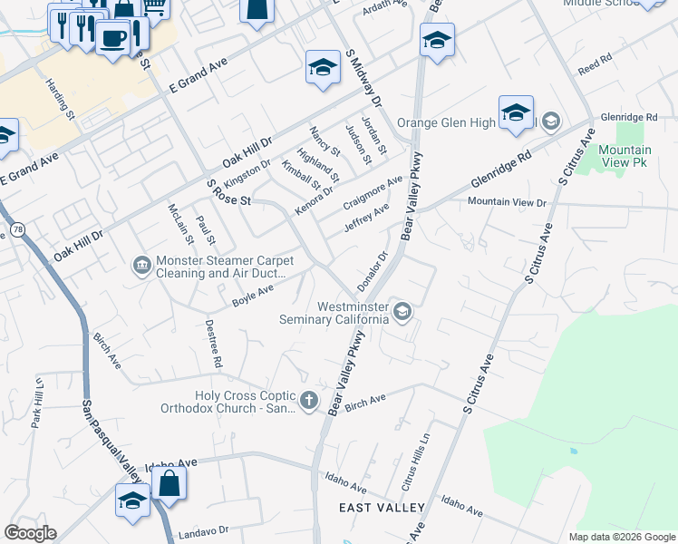 map of restaurants, bars, coffee shops, grocery stores, and more near 1011 Linwood Street in Escondido