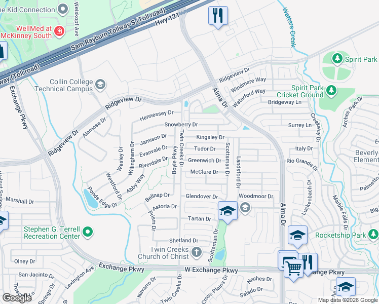 map of restaurants, bars, coffee shops, grocery stores, and more near 1437 Kingsley Drive in Allen