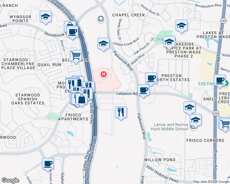 map of restaurants, bars, coffee shops, grocery stores, and more near 2400 Lebanon Road in Frisco