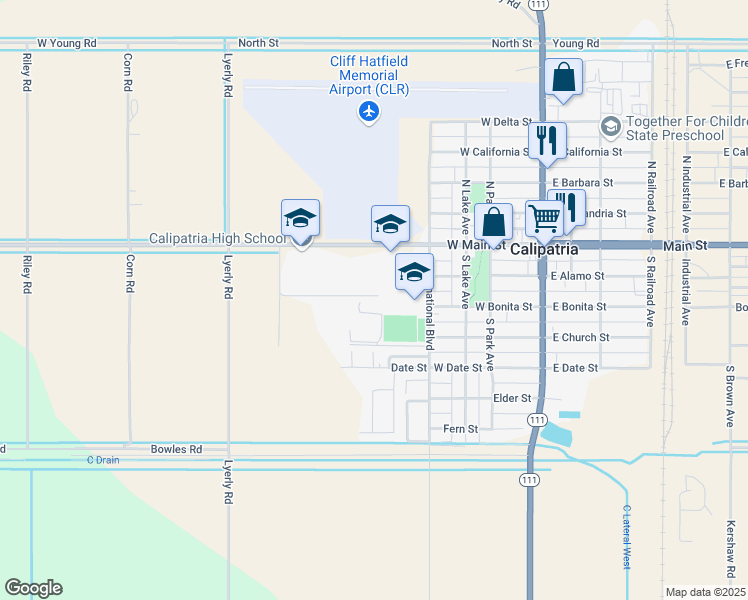 map of restaurants, bars, coffee shops, grocery stores, and more near 501 West Main Street in Calipatria
