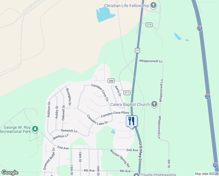 map of restaurants, bars, coffee shops, grocery stores, and more near 144 County Road 209 in Calera