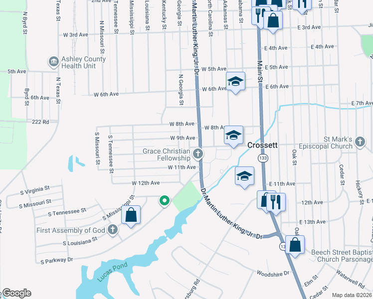 map of restaurants, bars, coffee shops, grocery stores, and more near 801 South Kentucky Street in Crossett