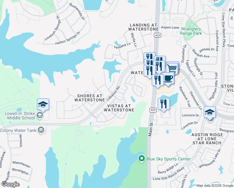 map of restaurants, bars, coffee shops, grocery stores, and more near 665 Gulf Shores Drive in Frisco