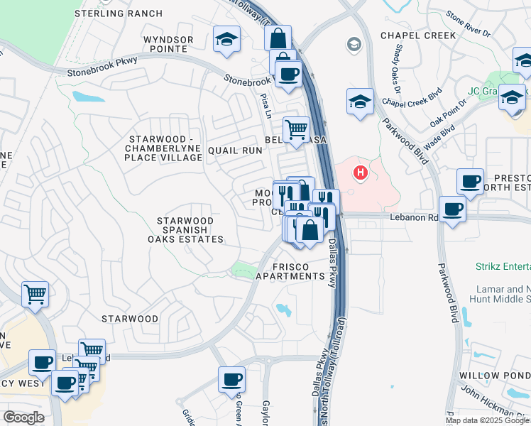 map of restaurants, bars, coffee shops, grocery stores, and more near 5474 Quail Run in Frisco