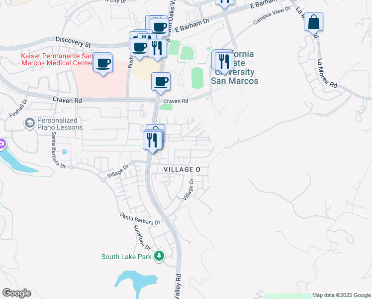 map of restaurants, bars, coffee shops, grocery stores, and more near 701 South Twin Oaks Valley Road in San Marcos