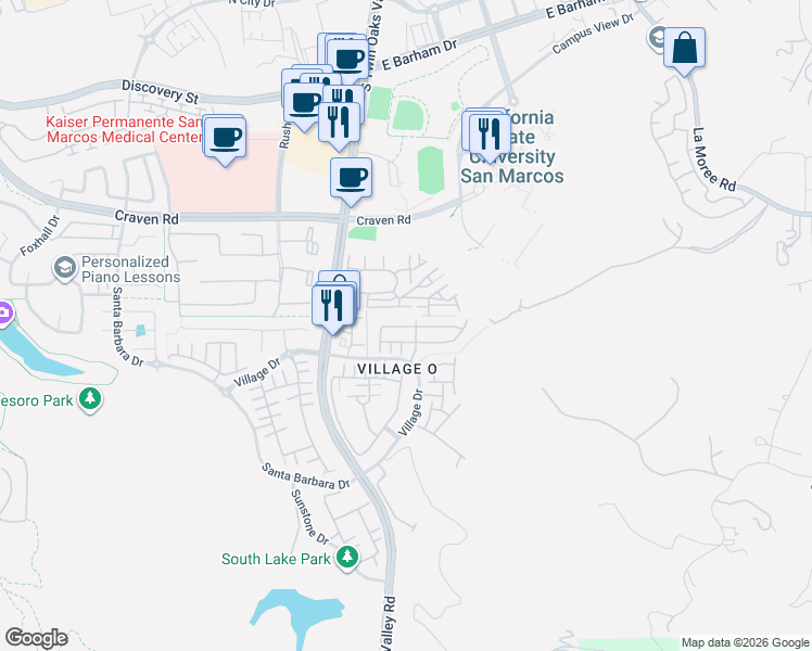 map of restaurants, bars, coffee shops, grocery stores, and more near 701 South Twin Oaks Valley Road in San Marcos
