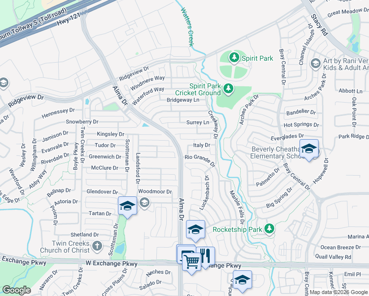 map of restaurants, bars, coffee shops, grocery stores, and more near 1119 Lamplight Way in Allen