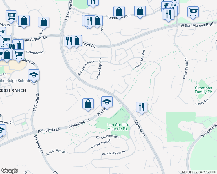 map of restaurants, bars, coffee shops, grocery stores, and more near 6177 Paseo Tienda in Carlsbad