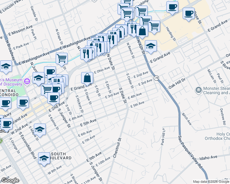 map of restaurants, bars, coffee shops, grocery stores, and more near 820 East 3rd Avenue in Escondido