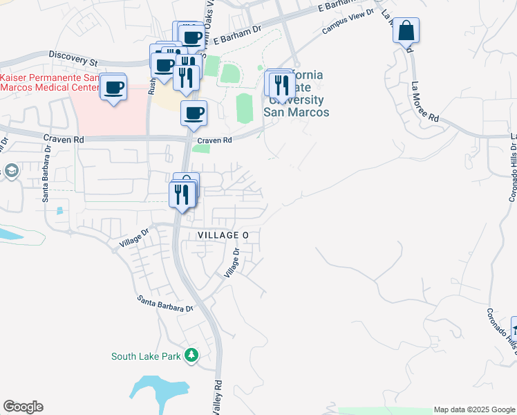 map of restaurants, bars, coffee shops, grocery stores, and more near 667 South Twin Oaks Valley Road in San Marcos