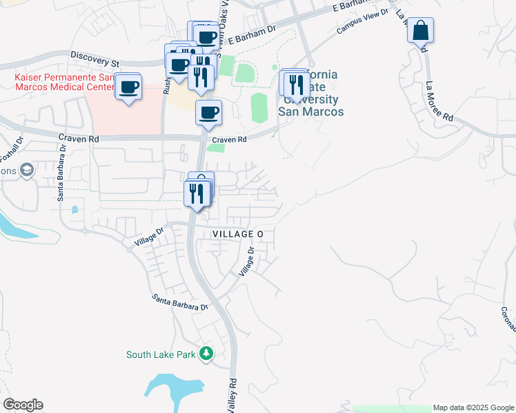 map of restaurants, bars, coffee shops, grocery stores, and more near 681 South Twin Oaks Valley Road in San Marcos