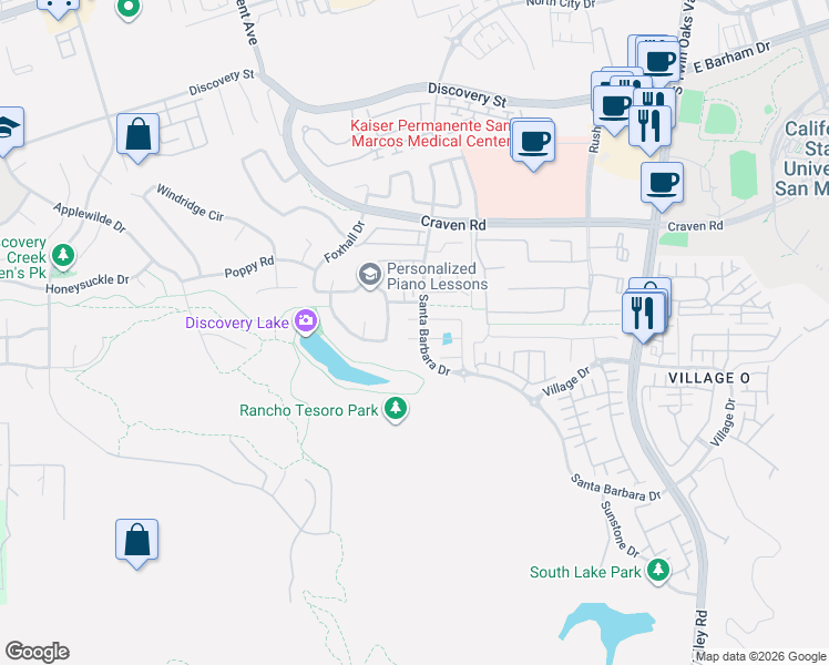 map of restaurants, bars, coffee shops, grocery stores, and more near 244 Treasure Drive in San Marcos