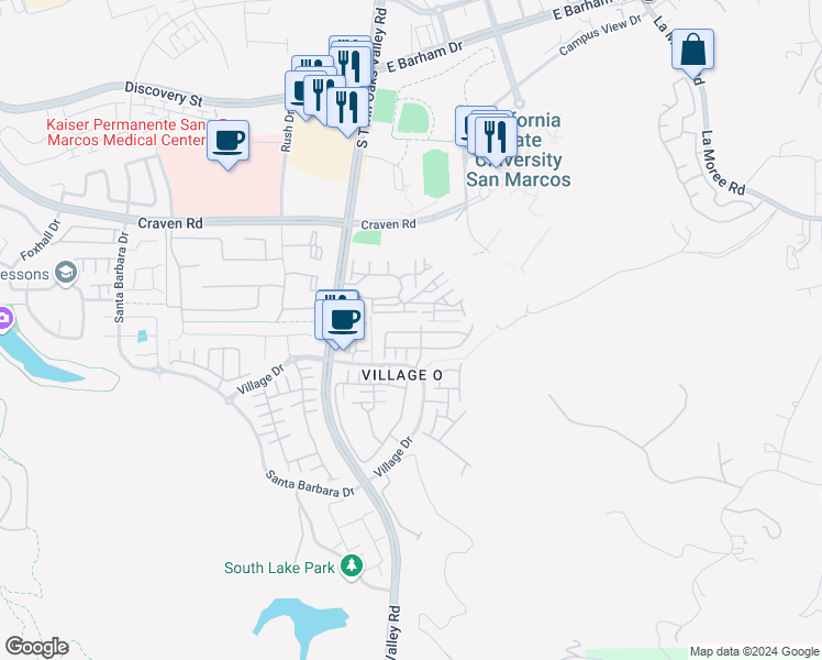 map of restaurants, bars, coffee shops, grocery stores, and more near 192 Aurora Avenue in San Marcos
