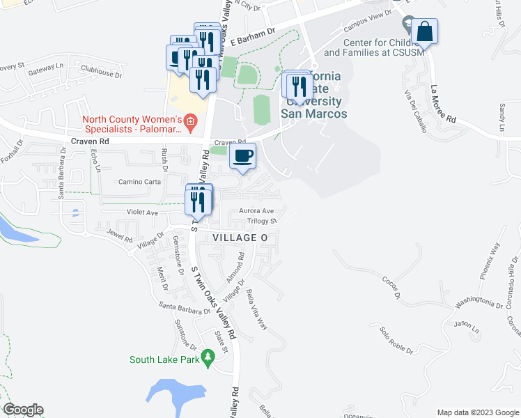 map of restaurants, bars, coffee shops, grocery stores, and more near 224 Aurora Avenue in San Marcos