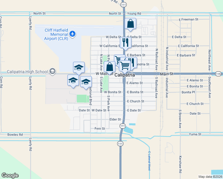 map of restaurants, bars, coffee shops, grocery stores, and more near 190 West Alamo Street in Calipatria